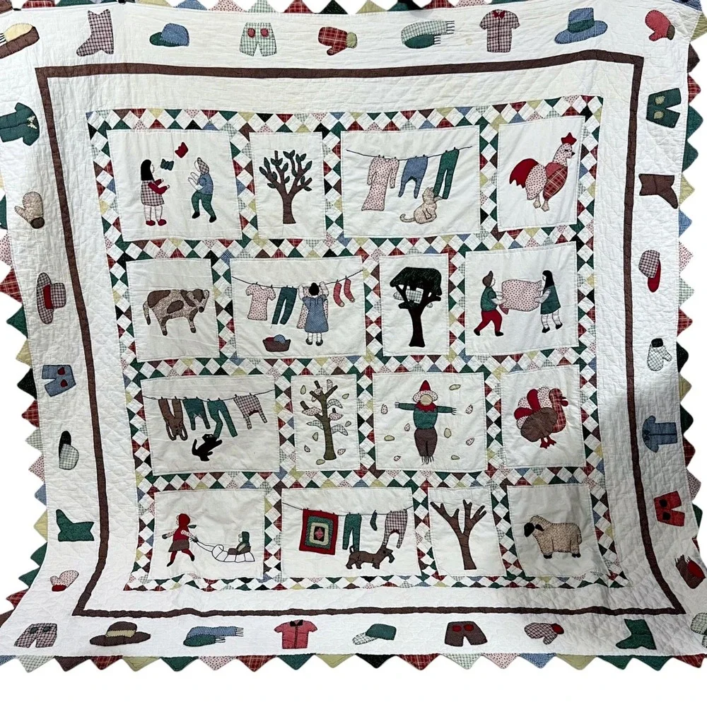 Vintage Folk Art Appliqué‎ Quilt Full Size with Matching Shams Story Quilt Set